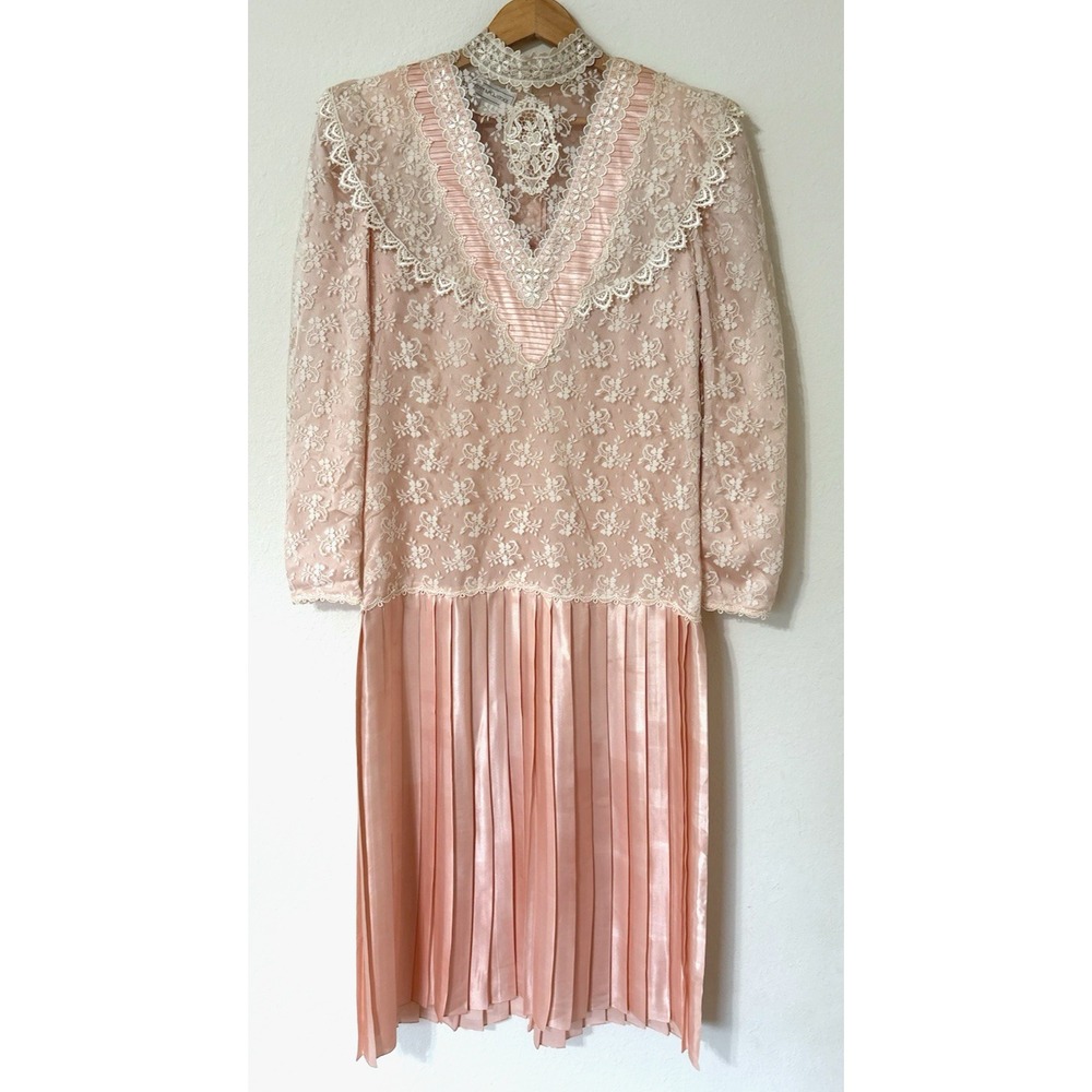 Vintage Gunne Sax Scott McClintock Pink Victorian Lace‎ Edwardian Dress Size 8
